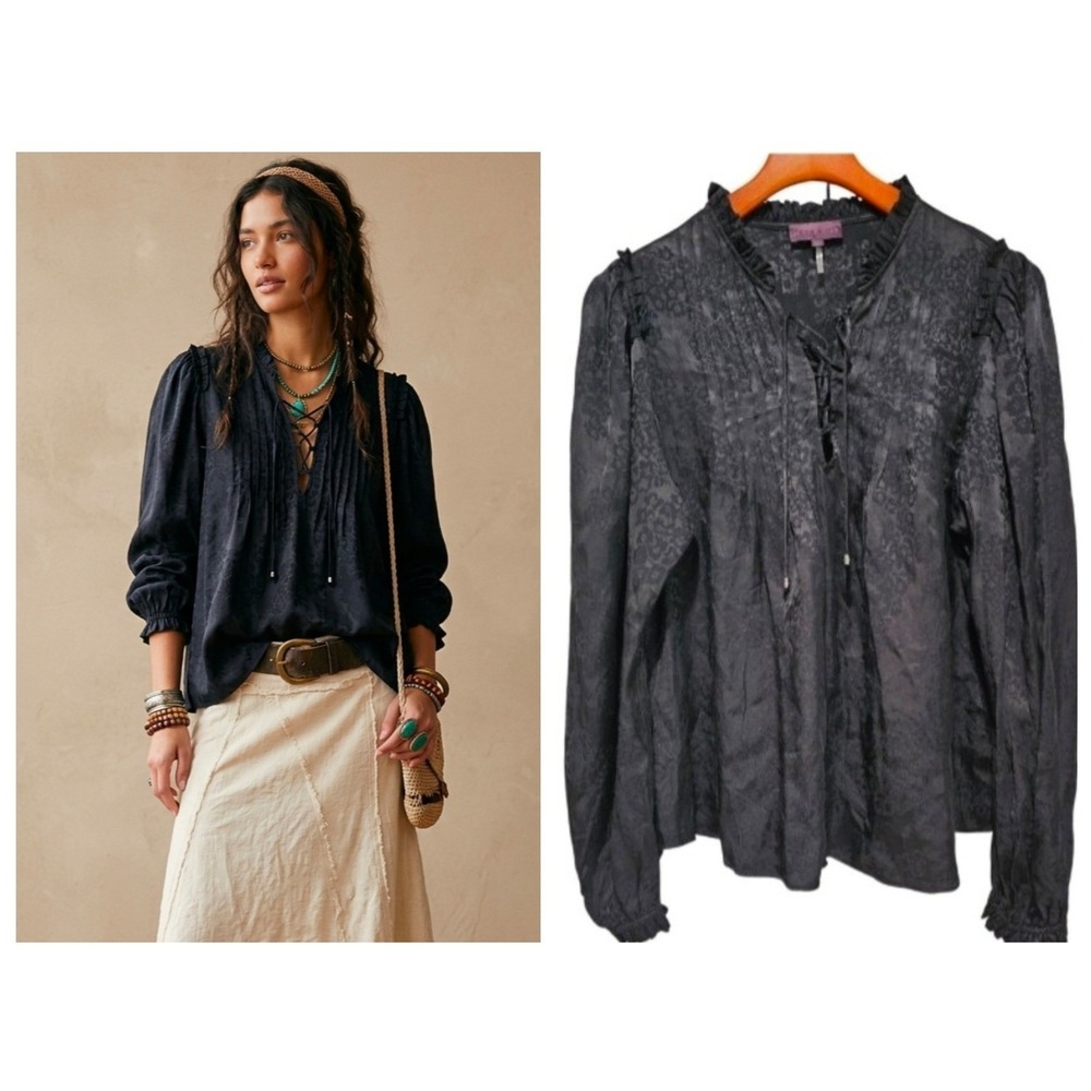 Hale Bob Blouse Womens XL Black Floral Jacquard Pintuck Lace Up Dark Romance 1X